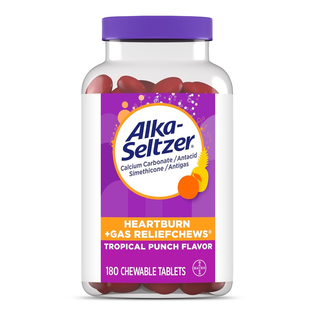 Alka-Seltzer Heartburn + Gas ReliefChews, Antacid + Antigas Chews for Fast Heartburn Relief, 가스 및 산성 섭취 완화 이동, 180 Ct