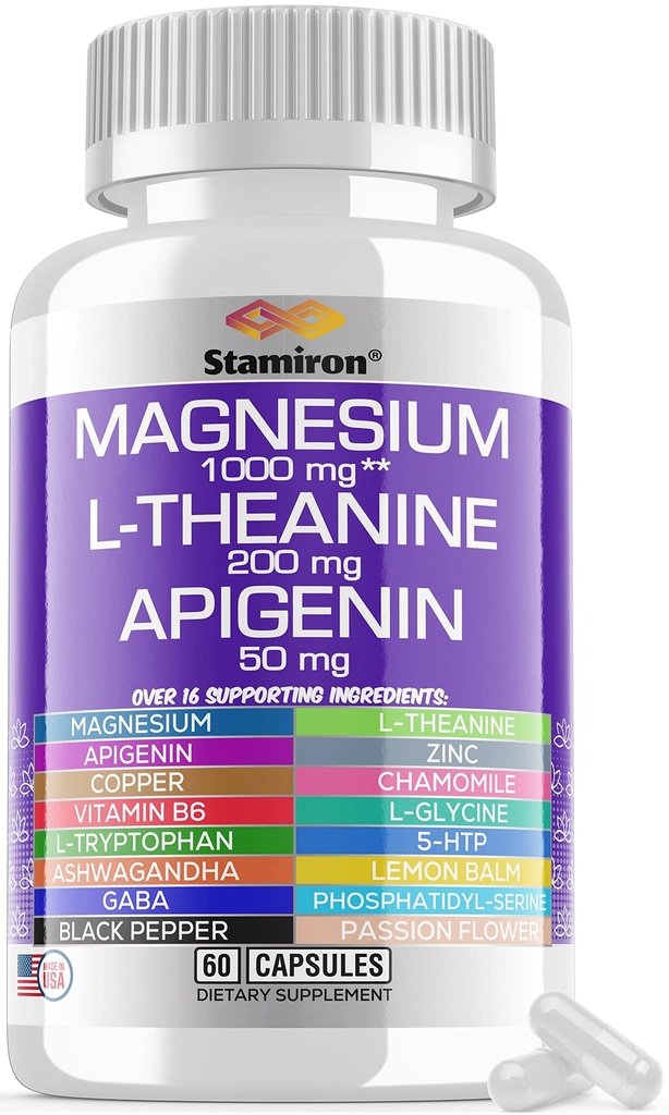 마그네슘 Complex 1000mg L Theanine 200mg Apigenin 50mg 마그네슘은 마그네슘 분말 타우레이트 + Chamomile 5-HTP 열정 꽃 레몬 발름 B6 Ashwagandha와 L 트립토판을 보충합니다 - 미국에서 만드는