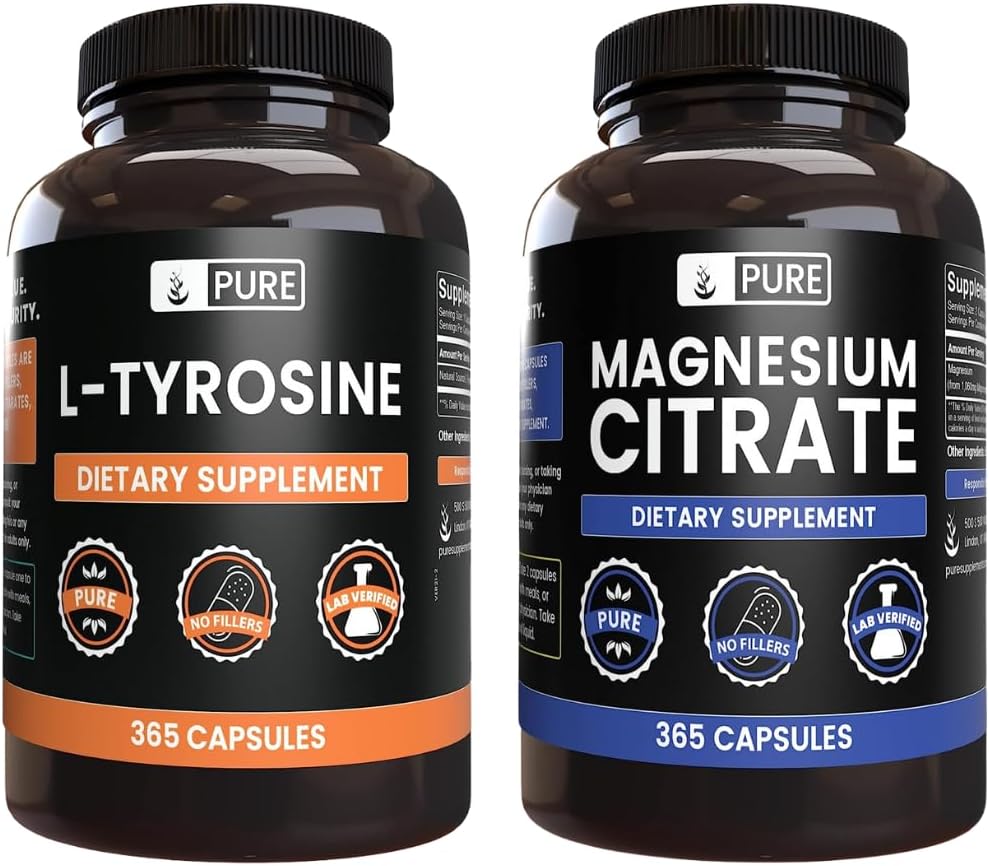 PURE ORIGINAL INGREDIENTS L-Tyrosine 및 마그네슘 시트 묶음, 365 캡슐 각각, 항상 순수, 실험실 검증