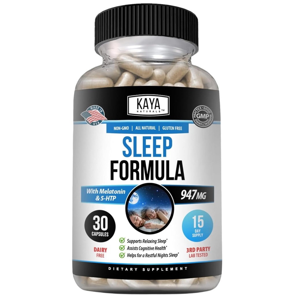Kaya Naturals - Melatonin - Aid Support Vitamin Supplement - 수면 스트레스와 무드 지원 - L-Tryptophan, 열정 꽃, Ashwagandha 및 기타 (30 개)
