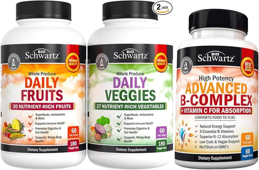 BioSchwartz Daily Fruits and Veggies Supplement for Women and Men (2 개월 공급) 플러스 비타민 B 복합체 비타민 C (2 개월 공급)