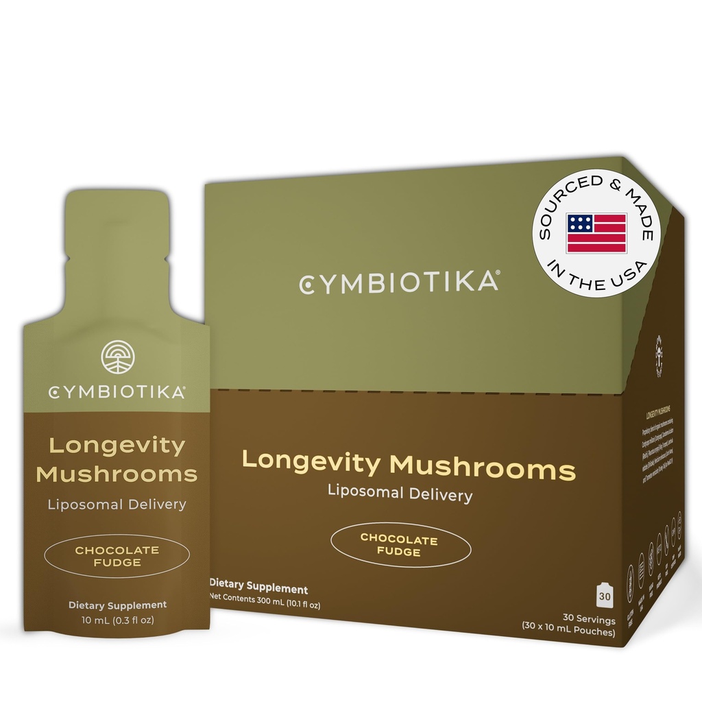 CYMBIOTIKA Liposomal 버섯은 Lion's Mane, Turkey Tail, B-Vitamins, Cordyceps & Reishi Mushrooms, Immune 지원 및 에너지, 초콜렛 판자 풍미, 30 팩을 보충합니다