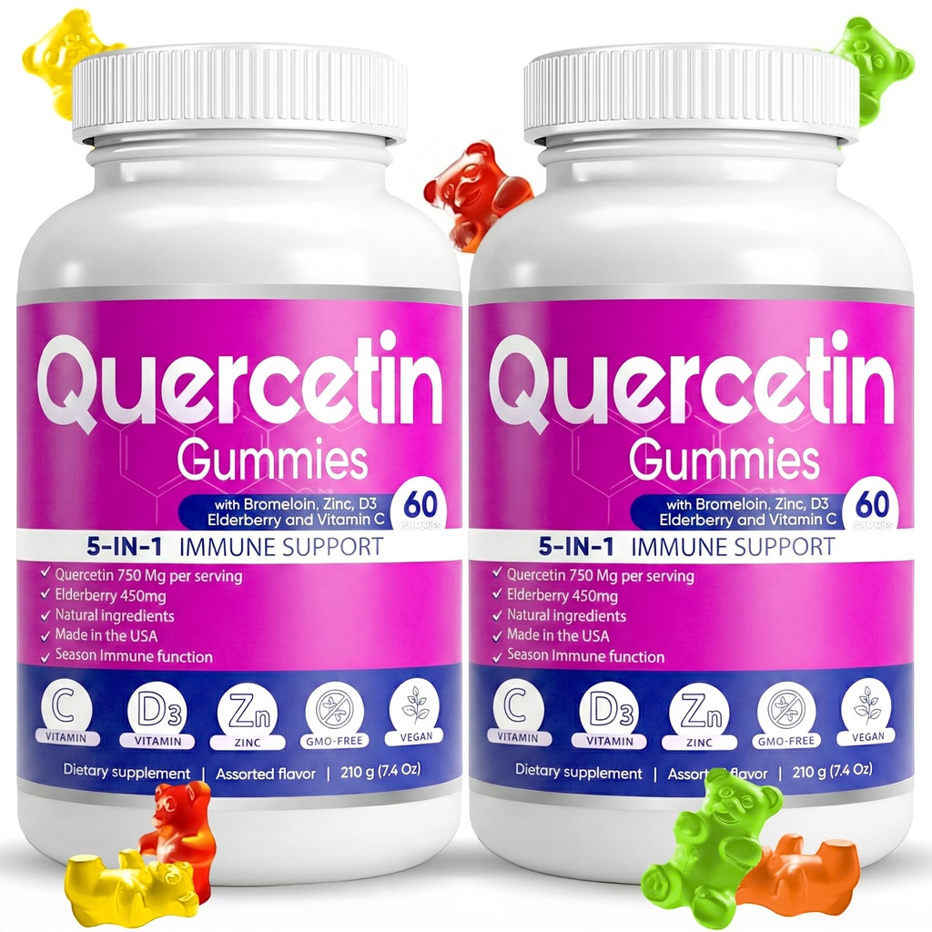 (2 팩) BioVitalica에 의해 Quercetin Gummies - Bromelain 비타민 C와 아연 & Elderberry + 비타민 D3-5 1 면역 지원 - 어린이와 성인을위한 아연 Quercetin 750 mg
