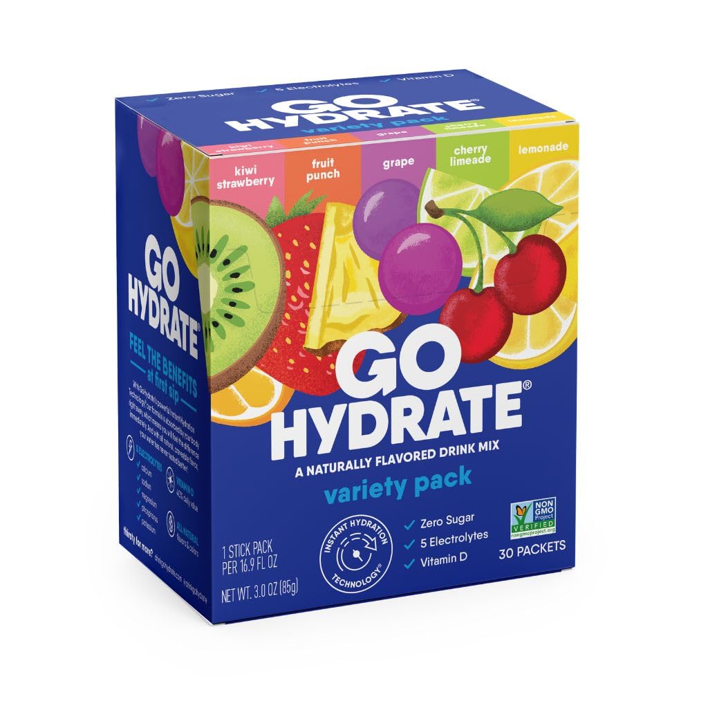 GoHydrate 낮은 나트륨 Electrolytes 분말 패킷 설탕 무료 - 즉시 Hydration 매일 음료 혼합 - Zero Sugar Water flavor Packet은 비타민 D - (Variety Pack, 30 Packs)로 싱글
