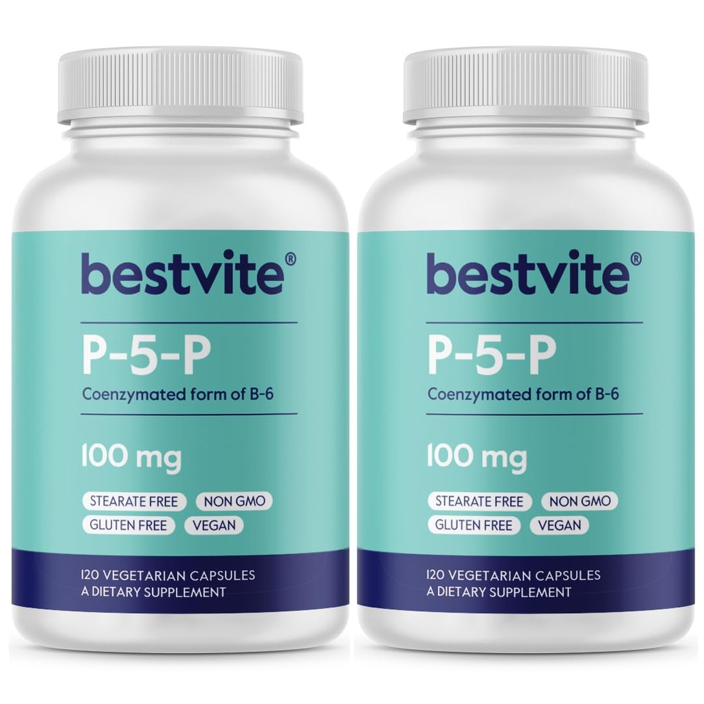 BESTVITE P-5-P 100mg (240 채식 캡슐) (120 x 2) (B-6의 응고 형태) - Stearates 없음 - Vegan - Non GMO - 글루텐 무료