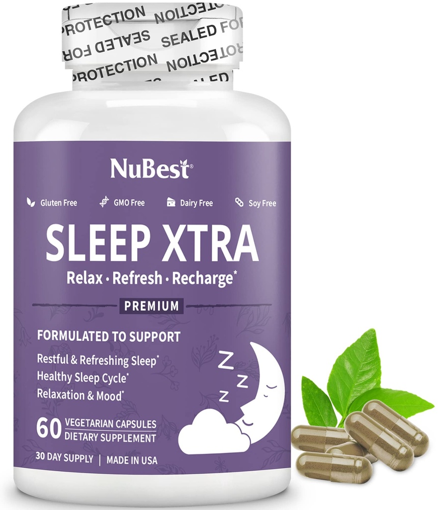 NuBest Sleep Xtra | 성인을위한 건강한 수면 지원 | 비타민 B6, Melatonin, Ashwagandha, Chamomile, Valerian & More - Non Habit-Forming | 60 Vegan 캡슐 | 1 개월 공급