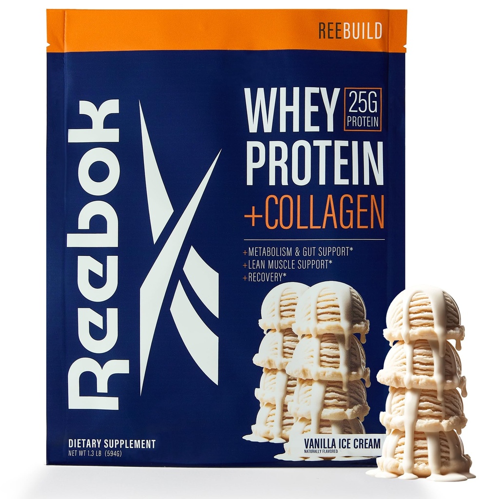 Reebok Whey Protein Powder + Collagen Peptide | 25g Protein with 9 Essential Amino Acid | 근육 회수, 관절 및 구트 지원 | Informed-Sport 인증 | ReeBuild 바닐라 아이스크림 맛, 1.3 lb