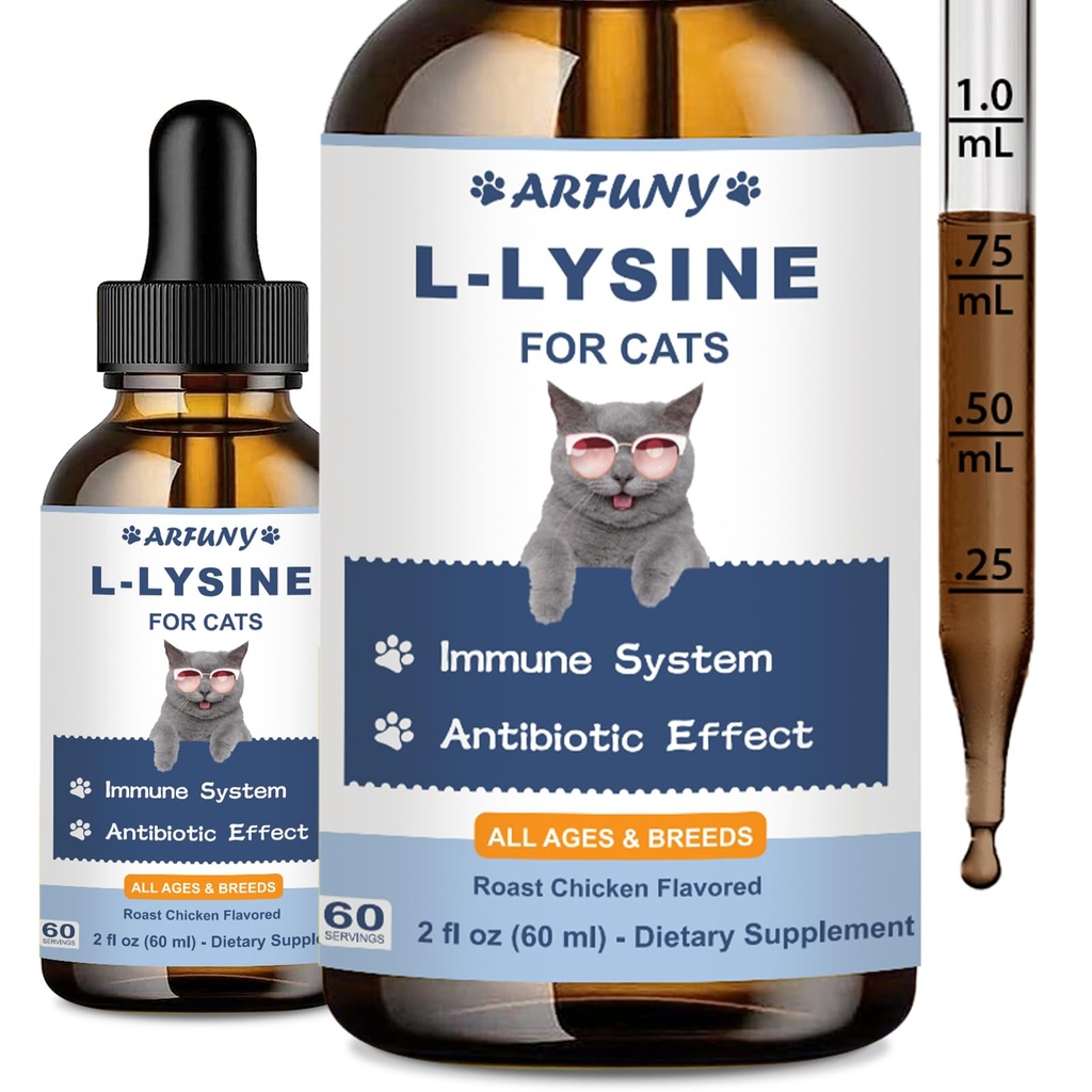 고양이를위한 L-Lysine 보충 - 면역 지원 - Feline Respiratory, Sneezing, Runny Nose, Eye Function - Natural Cat Antibiotic Drops - 로스트 치킨 맛