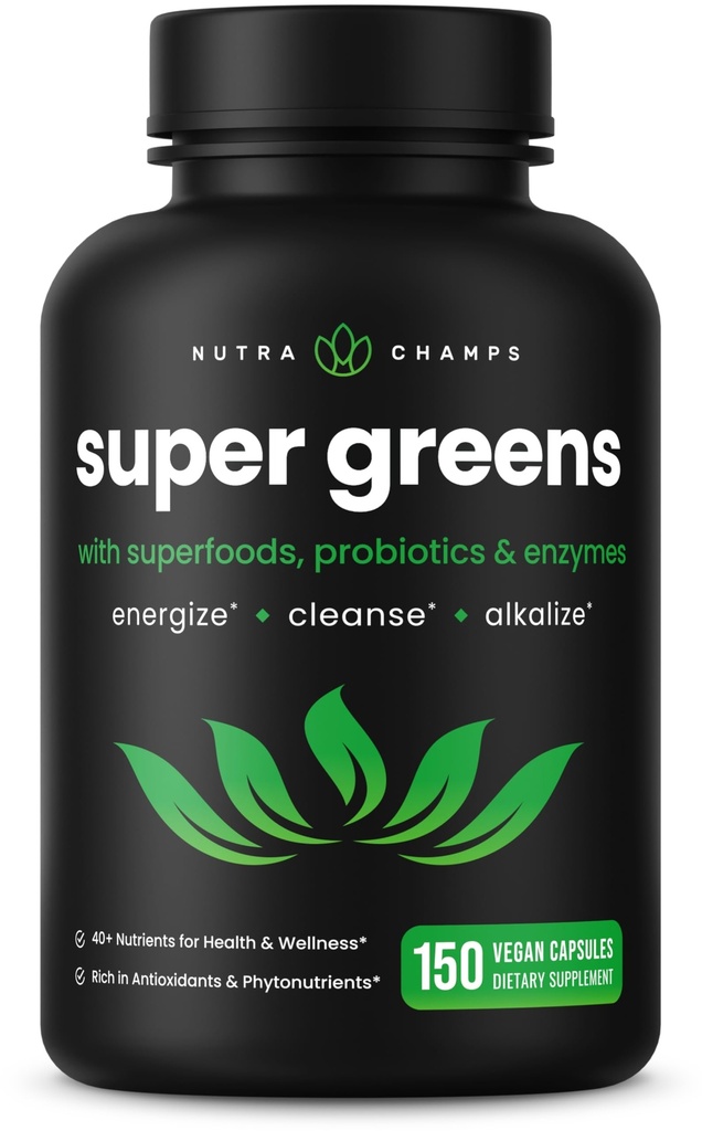 NutraChamps 유기 슈퍼 그린 캡슐 - Alfalfa, Spirulina, Chlorella & More - 산화 방지제, 소화 효소 및 Probiotic 혼합 - 150 녹색 슈퍼 푸드 캡슐