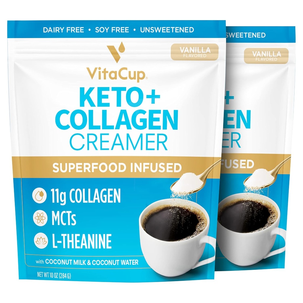 VitaCup Keto + Collagen Coffee Creamer 바닐라 맛 w / MCT, Collagen Protein, 코코넛 워터, Keto Diet, 커피, 스무디, & Shakes, Dairy-Free, 글루텐 프리, Soy-Free, 2 백, 10 온스