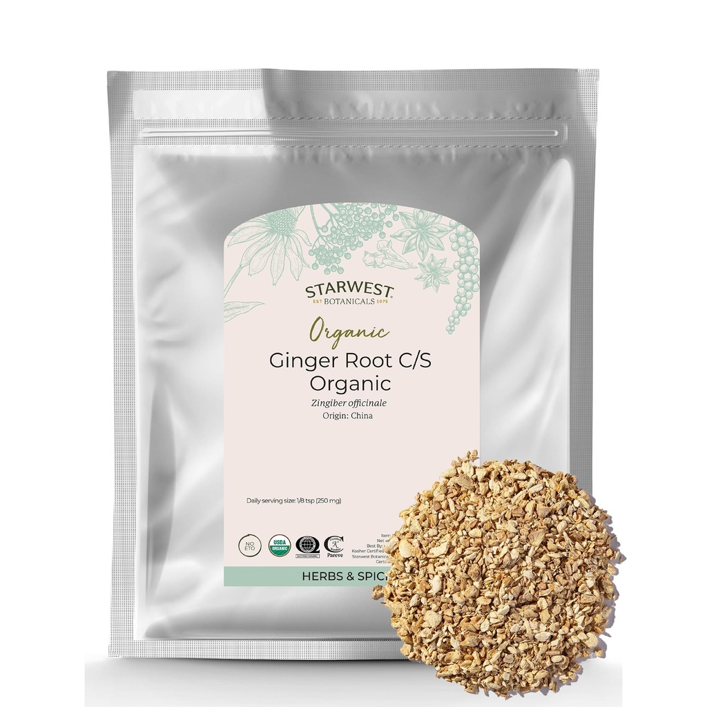 Starwest Botanicals Organic Ginger Root - 차, 베이킹, & 요리, 컷 및 Sifted, 자연 초본 향료, 지원 소화, 인증 Kosher, Non-GMO - 대량 1 lb 가방에 대한 건조 생강 허브
