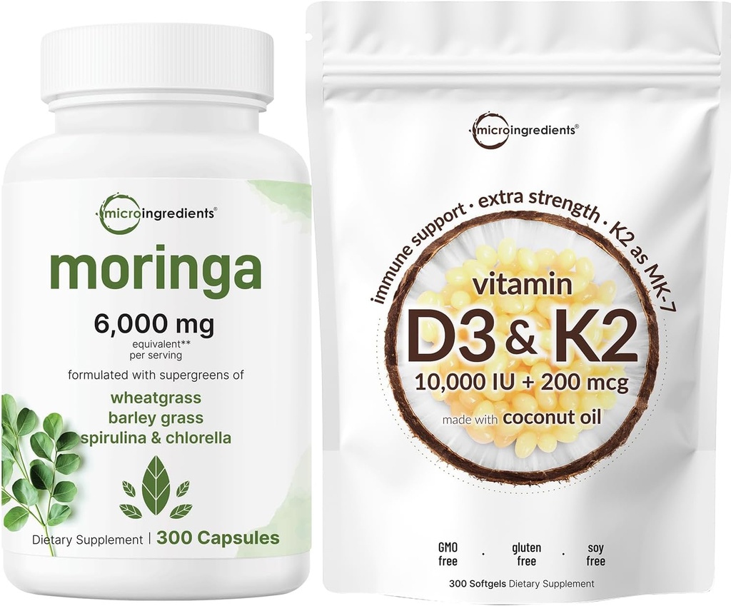 마이크로 성분 비타민 D3 10,000iu + K2 200mcg 코코넛 오일 Softgels & Moringa Oleifera 6,000mg Equivalent 300 캡슐 번들 2 팩 | 필수 선샤인 비타민 | 산화 방지제 보충교재