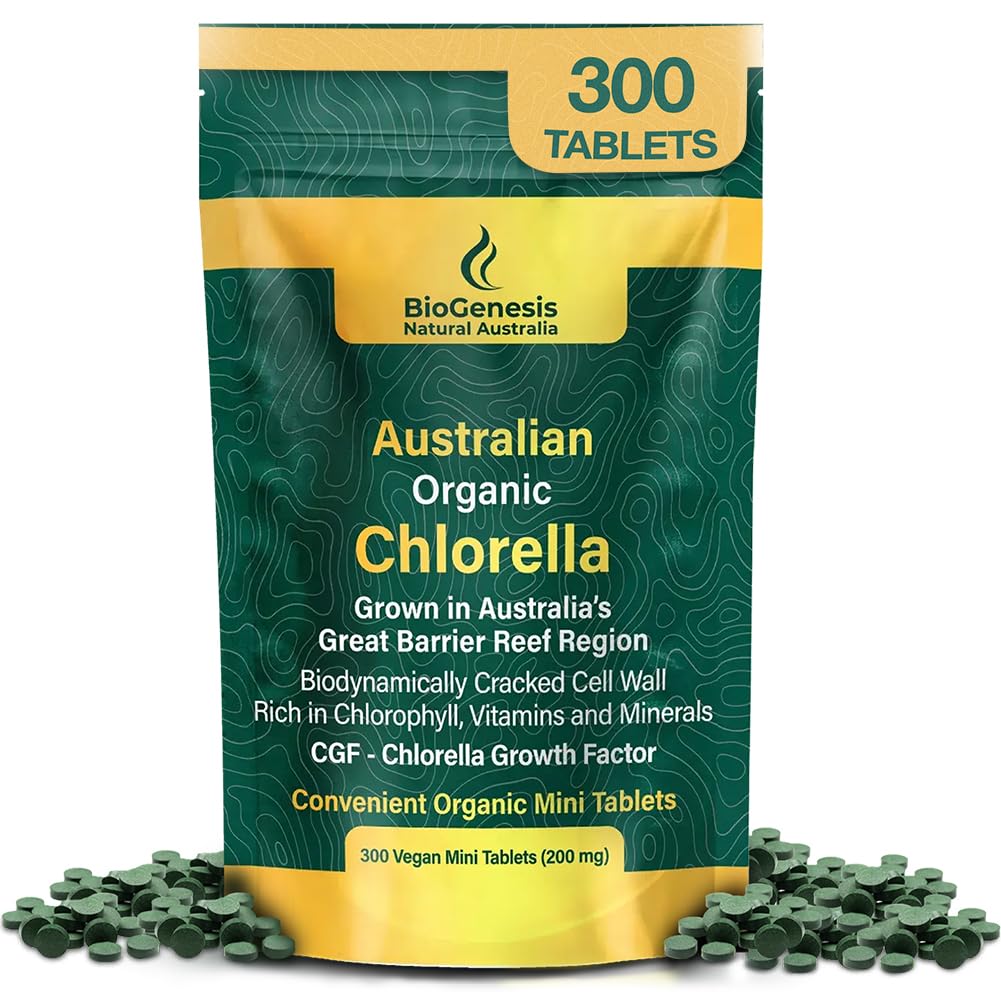 Biogenesis Organic Chlorella Mini Tablets – 300 Count (200mg) | 호주 Grown | Chlorophyll, 비타민 및 미네랄이 풍부한 | 에너지 및 면역성이 지원 | Vegan Mini Tablets