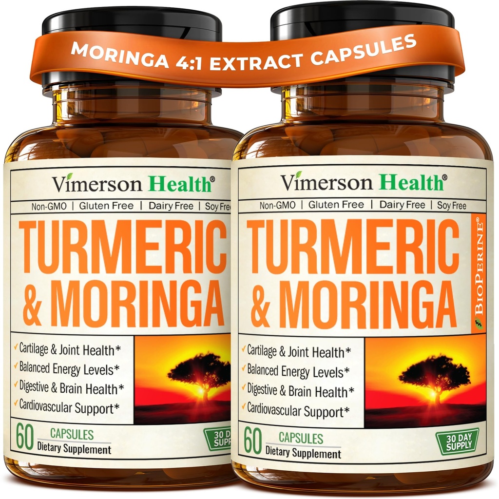 Moringa + Turmeric Curcumin는 합동 건강을 위한 보충교재, Gut 건강, 에너지 및 면역 지원 - 총 웰니스 공식 - 까만 고추 & Moringa 순수한 캡슐을 가진 Tumeric Curcumin - 60 조사 - 2 팩