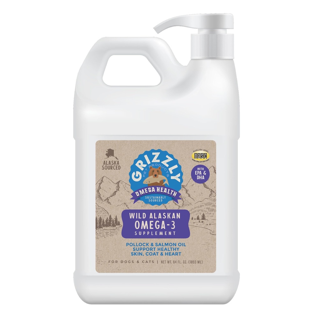 Grizzly 애완 동물 제품 Omega 건강 액체 Omega-3는 개와 고양이, 64 Ounce Jug를 위해 보충합니다