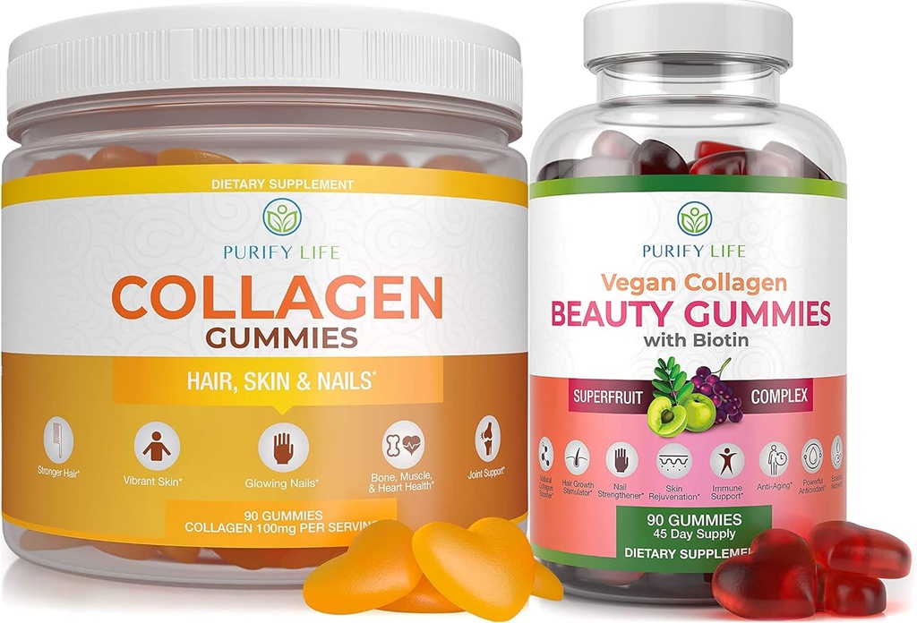 Life Marine Collagen & Vegan Collagen 번들, 헤어 스킨과 손톱 건강을위한 Gummies 비타민 (90 Chews), Pore 흡진기 및 탄력성, 캡슐 교체, 알약