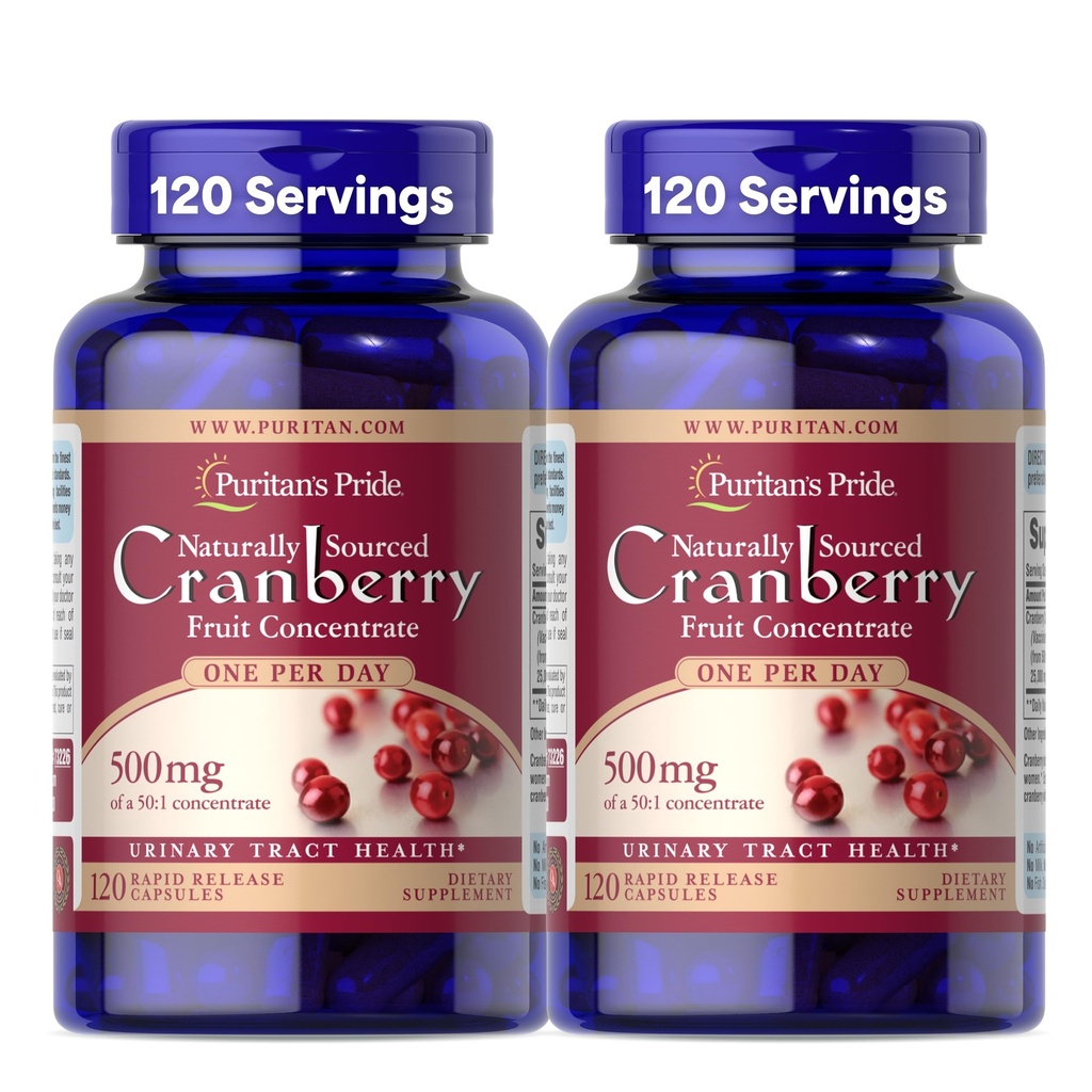 Puritan의 Pride Naturally Sourced Cranberry One Per Day Fruit Concentrate 500mg, 50:1 Urinary Tract Support, 4 Month Supply, 120 Rapid Release Capsules, 2 Pack에 대한 규정식 보충