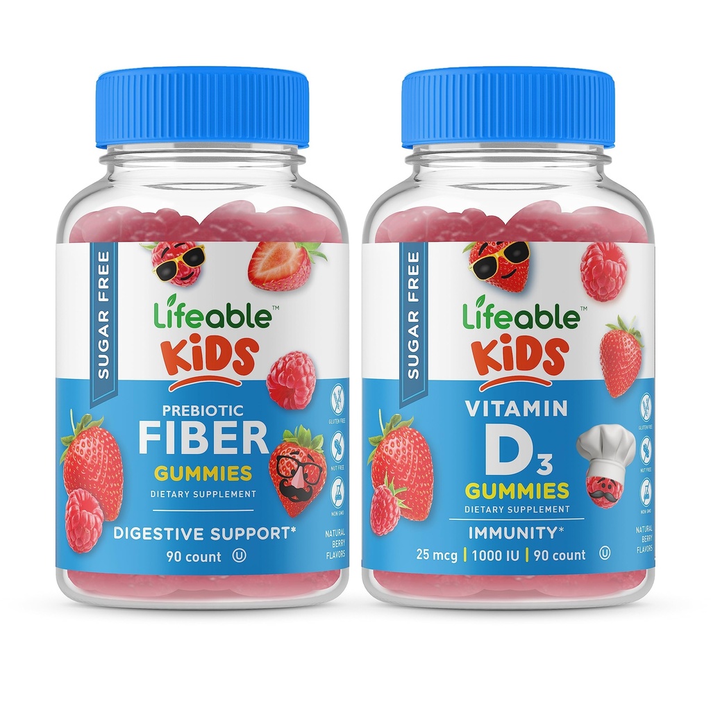 Lifeable Sugar Free Preciotic Fiber Kids + 비타민 D Kids, Gummies Bundle - 훌륭한 타스팅, 비타민 보충, 글루텐 무료, GMO 무료, Chewable Gummy