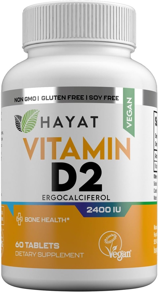HAYAT 비타민 Vegan 비타민 D2 2400 IU (60 MCG), 뼈, 치아, 근육 및 면역 건강 지원, 2 개월 공급, 모든 자연, 공인 할랄, 60 정제, 미국에서 만든