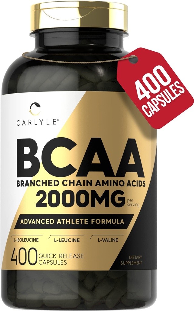 Carlyle BCAA 캡슐 | 2000mg | 400 분말 알약 | 아미노산 보충 혼합 | 여성과 남성 | L-Isoleucine, L-Leucine, L-Valine | 비 GMO 및 글루텐 무료