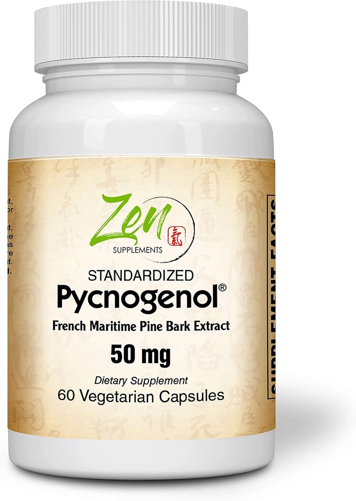 Zen 보충제 Pycnogenol 50mg - 산화 방지제 및 염증 지원을위한 표준화 된 프랑스 해양 소나무 껍질 추출물 - 비 GMO, 글루텐 및 콩 무료 60-Vegcaps