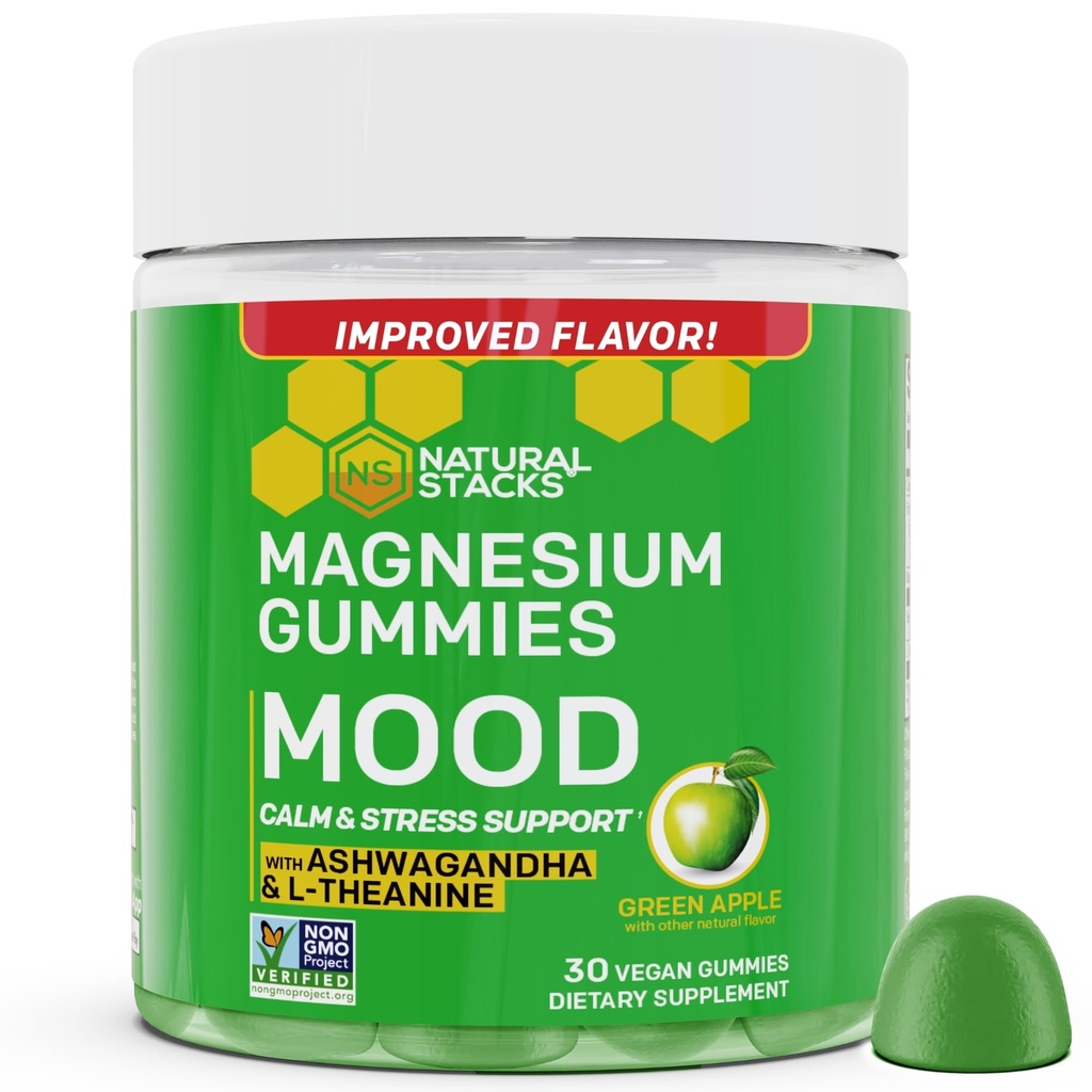 무드 마그네슘 구미 - 200mg 마그네슘 시트레이트 및 125mg Sensoril Ashwagandha Gummies - Calm & Support를위한 L Theanine - Mag Citrate 및 Ashwagandha Supplement - 30 Green Apple Chewable