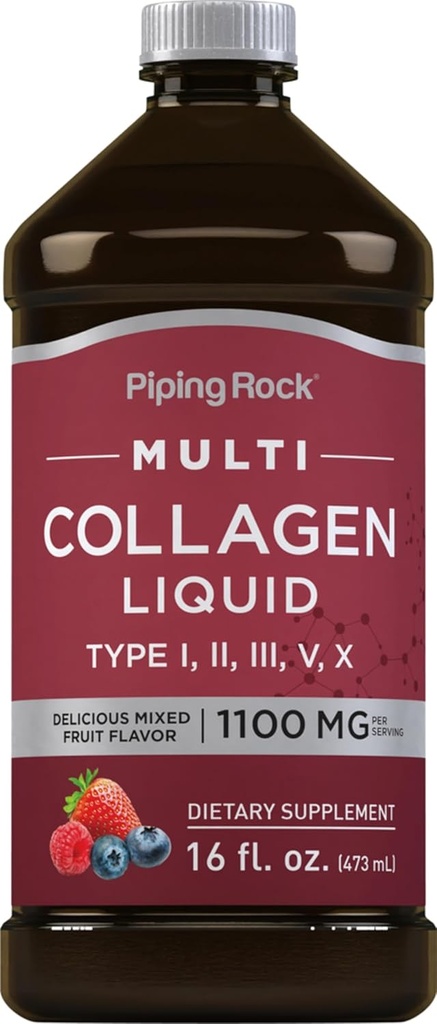 Piping Rock Liquid Collagen 16 fl oz | 1100mg | 과일 맛 | 멀티 콜라겐 펩타이드 | 비타민 C | 비 GMO, 글루텐 무료 보충
