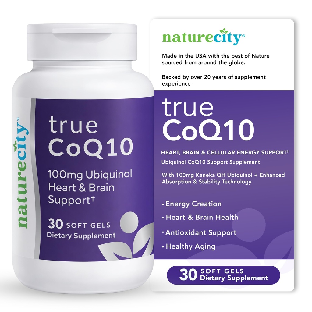 NatureCity True-CoQ10 Ubiquinol 100mg 높은 흡수성 및 안정된 Kaneka QH CoQ10 심장, 뇌 및 세포 에너지 보충 - (30 연약한 젤) Ubiquinol로 활동적인 CoQ10