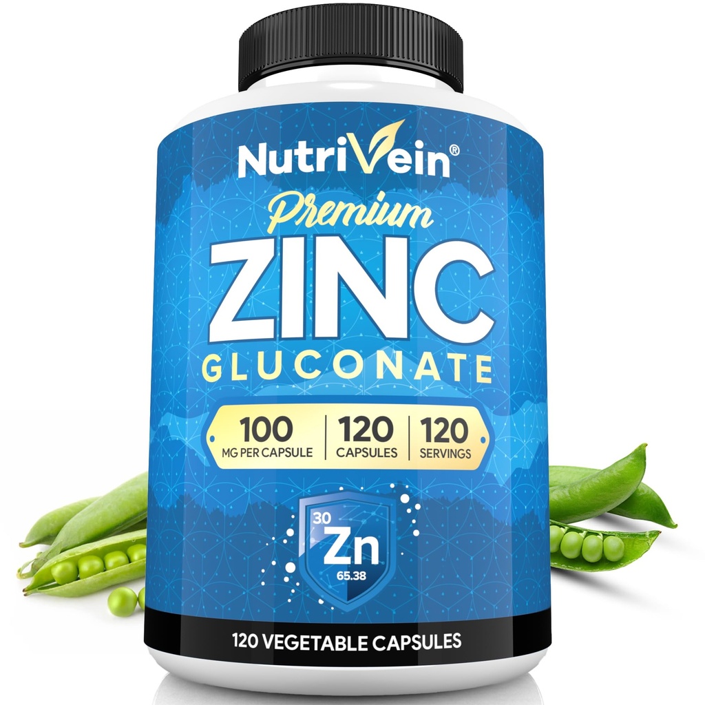 Nutrivein 프리미엄 아연 Gluconate 100mg - 120 캡슐 : 전체 바디 웰빙을위한 높은 흡수 아연 Gluconate 보충제 - 건강을위한 필수 요소