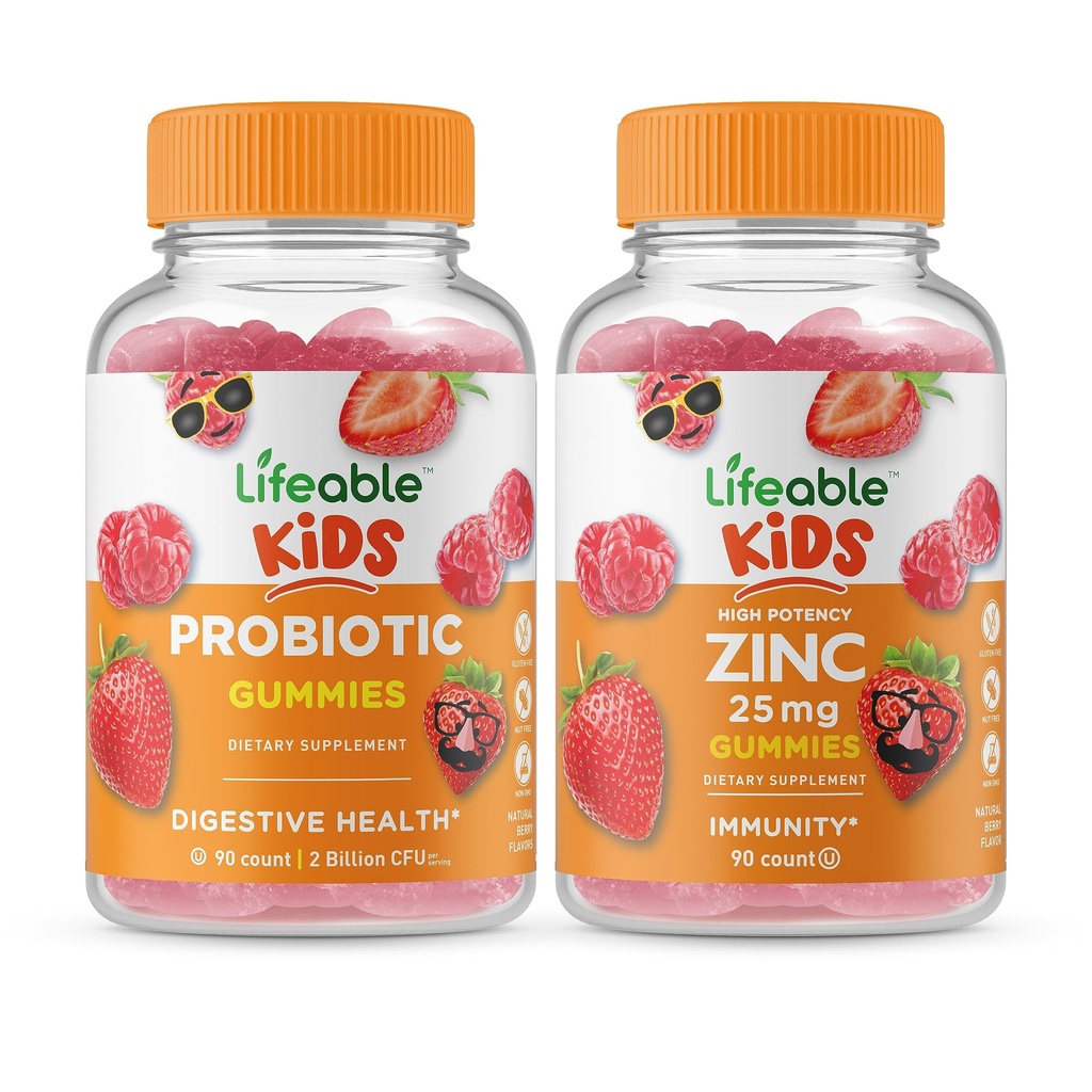 Lifeable Probiotic 2 억 CFU 키즈 + 아연 25mg 어린이, Gummies 번들 - 훌륭한 타스팅, 비타민 보충, 글루텐 무료, GMO 무료, Chewable Gummy