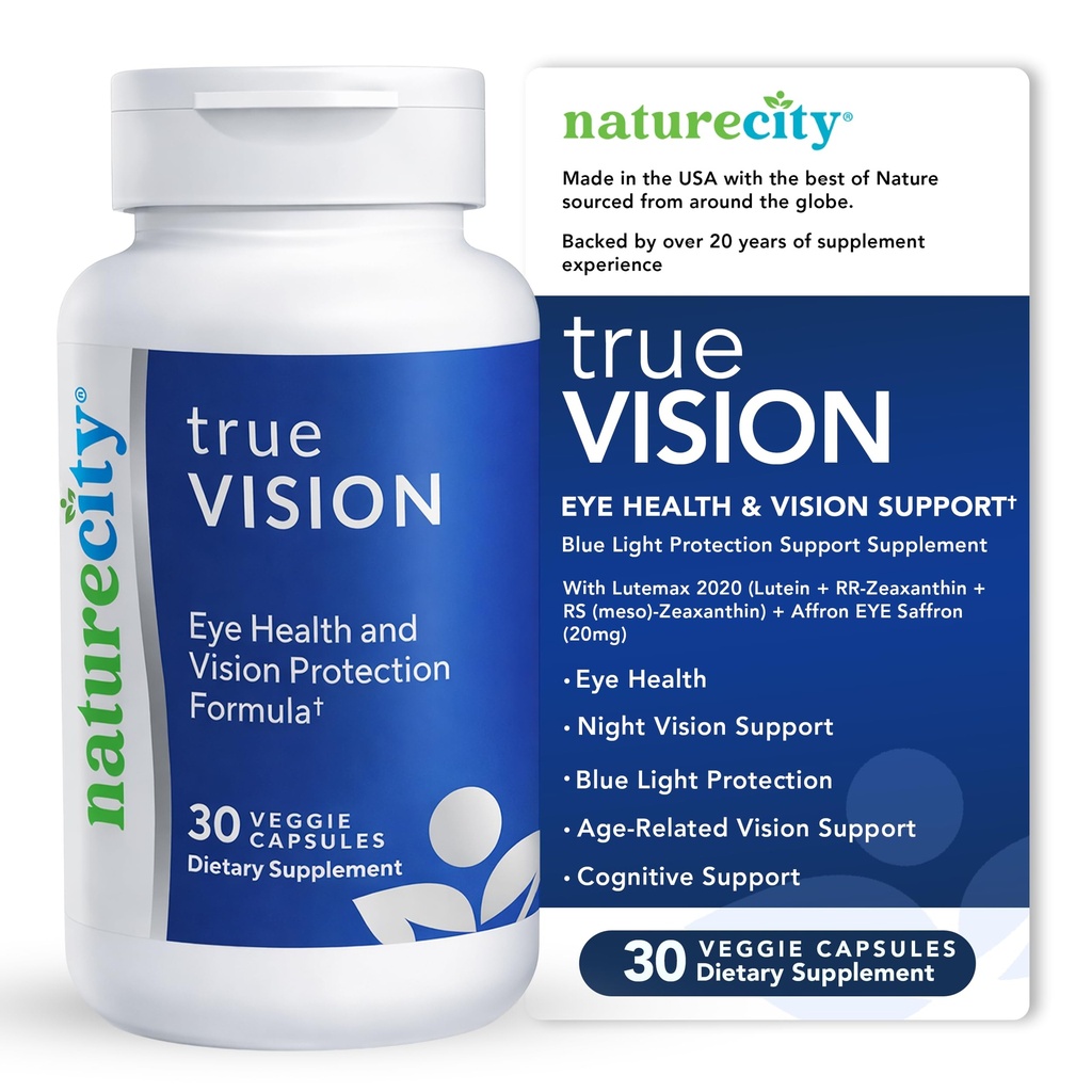 NatureCity True-Vision Eye Health Supplement - 높은 Potency Saffron 20mg - 블루 라이트 보호, 지원 중앙 및 야간 비전 (30 Veggie 캡슐)과 식물 기반 Lutein 및 Zeaxanthin