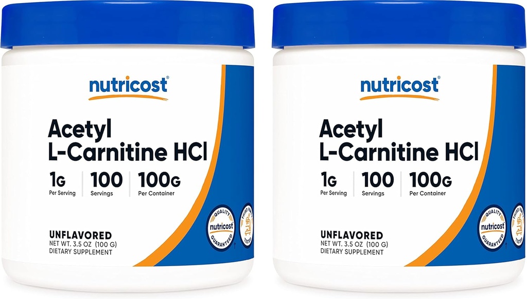 Nutricost Acetyl L 카르니틴 (ALCAR) 100 GMS (2 팩) - 100 서빙 - 1000mg 서빙 - 순수한 아세틸 L 카르니틴 분말 - 비 GMO, 글루텐 무료