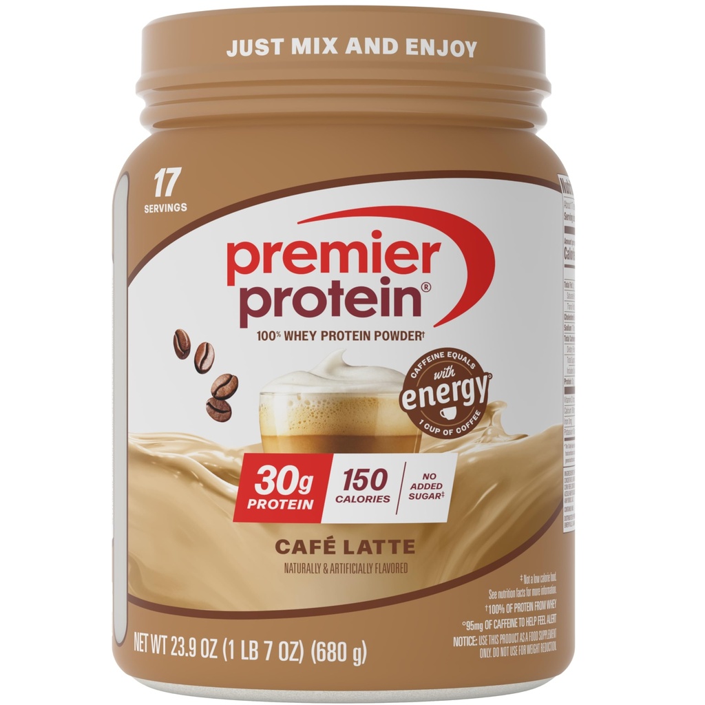 Premier Protein Powder, Café Latte, 30g Protein, 1g Sugar, 100 % Whey Protein, Keto Friendly, Gluten Free, No Soy, 95mg Caffeine for Energy, 23.9 oz (17 서빙)