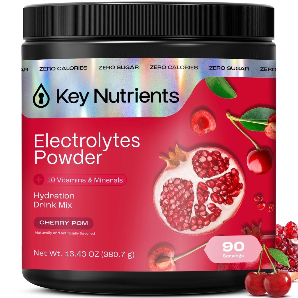 KEY NUTRIENTS Multivitamin Electrolytes Powder No Sugar - 달콤한 Cherry Pom Electrolyte Powder - 내구시간 및 에너지 보충 - 하이드로 션 파우더 - 열량 없음 - 90 서빙 - 미국에서 제조