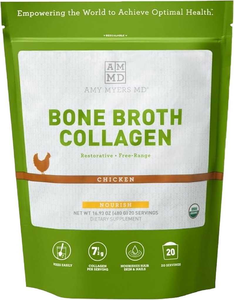 Amy Myers MD Bone Broth Collagen Powder - 유기농 닭 뼈 Broth - Gut 건강 및 관절 지원을위한 건강한 피부 및 손톱 지원 - 20 서빙, 닭 맛