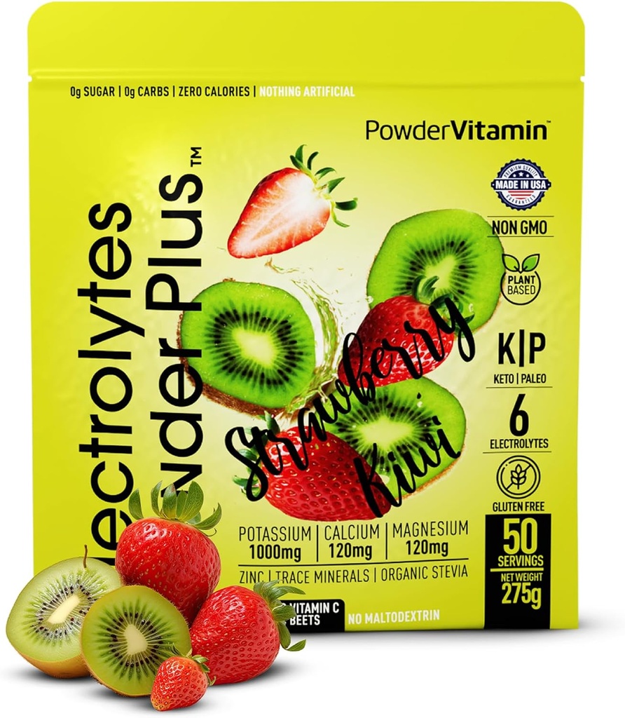 전해질 분말 플러스 (50 인분), 0 Calorie Keto, 0 설탕, Maltodextrin, 1000mg 칼륨, 120mg 칼슘, 120mg 마그네슘, 하이드로 션 분말 (50 인분, 딸기 키위)