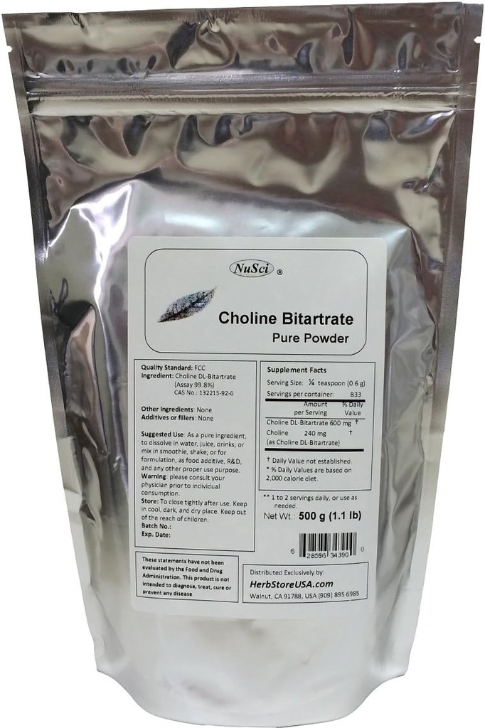 Choline DL 비트레이트 순수한 분말 500g (1.1 lb, 17.6 oz) 똑똑한 Nutrient