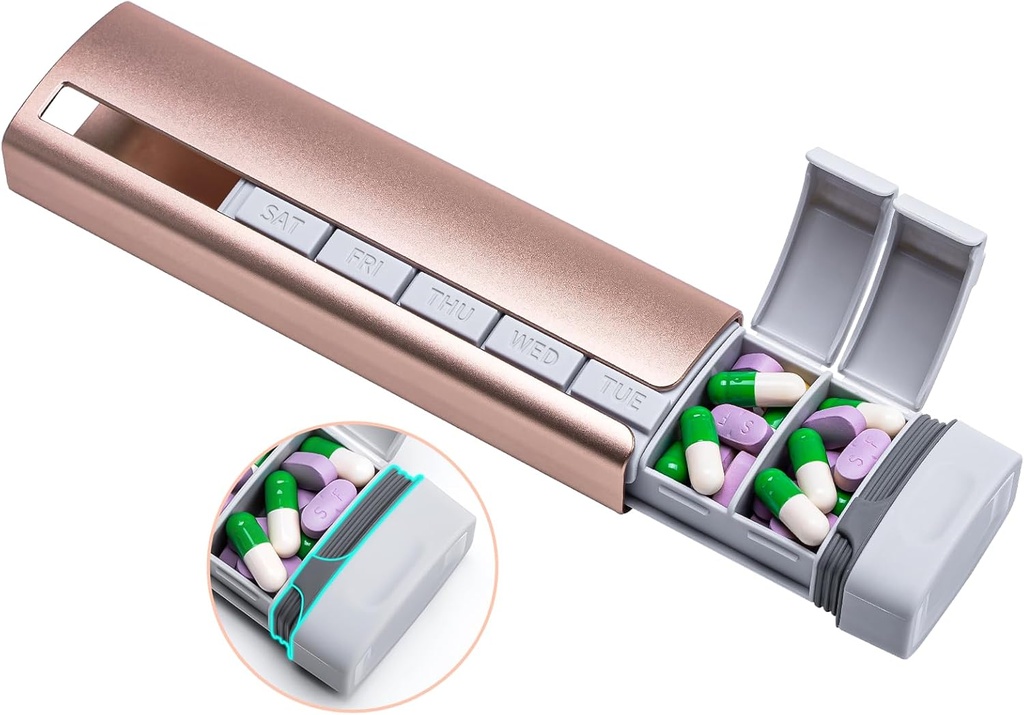 Daviky Metal Travel Pill 주최자, 프리미엄 알루미늄 알약 상자 7 일, 주간 매일 알약 케이스, 의약품, 보충제 및 비타민 (Pink+Gray)을위한 세련된 & Cute Pill 홀더
