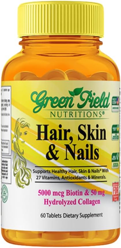 Greenfield Nutritions Halal Biotin Tablet for Adult - 60 Halal Multivitamin for Hair Skin and Nails - 50mg Collagen 및 Minerals가있는 높은 효능 5000mcg Biotin - 젤라틴 글루텐 무료, 비 GMO 비타민