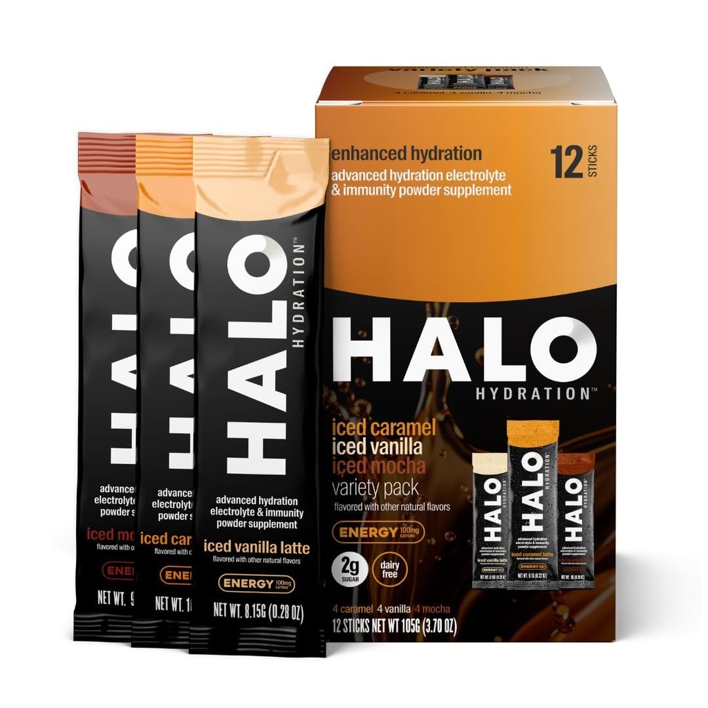 HALO Hydration – 전해질 에너지 음료 믹스 | Hydration Powder Packets | 다양한 팩 (카라멜, 바닐라, 모카 라떼), 건강한 마른 커피 | Easy Open Single Serving Stick | 12 Stick