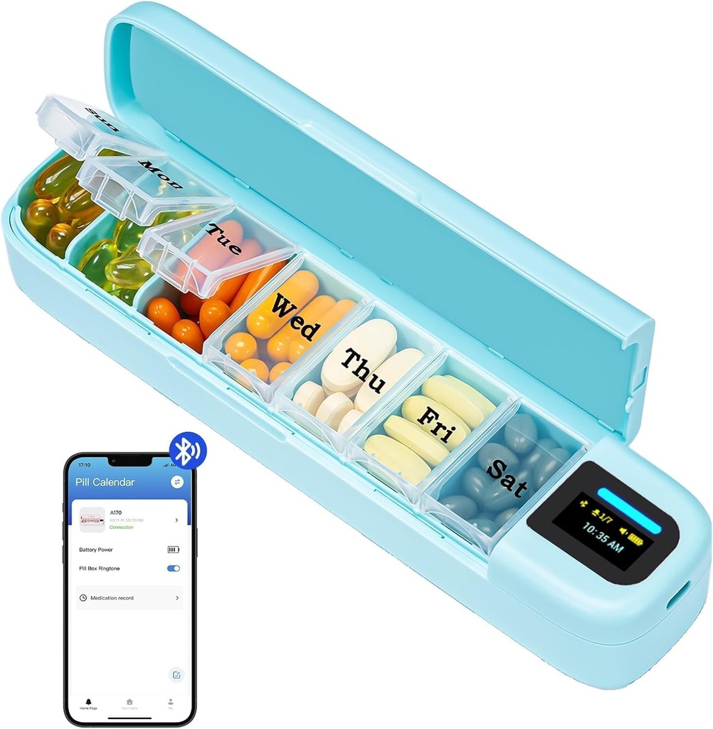 알람이있는 Daviky 스마트 알약 주최자, Bluetooth Daily는 APP, Weekly Travel Pill Case, 의학, 보충제 및 비타민 (녹색)을위한 휴대용 Pill Reminder와 함께 Day Pill Box 7 Day가되면