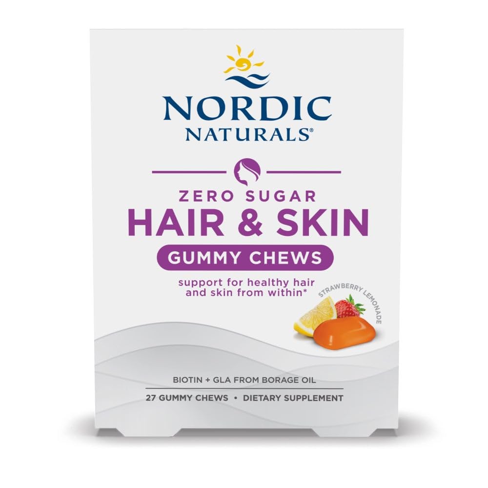 Nordic Naturals Zero Sugar Hair & Skin Gummy Chews, Strawberry Lemonade - 27 Gummy Chews - Borage Oil의 Biotin + GLA - 피부에서 지방의 건강한 균형을 촉진 - Non-GMO - 27 서빙