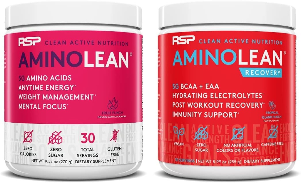 RSP NUTRITION AminoLean Pre Workout Energy (Fruit Punch 30 서빙) AminoLean Recovery Post Workout Boost (Tropical Island Punch 30 서빙)