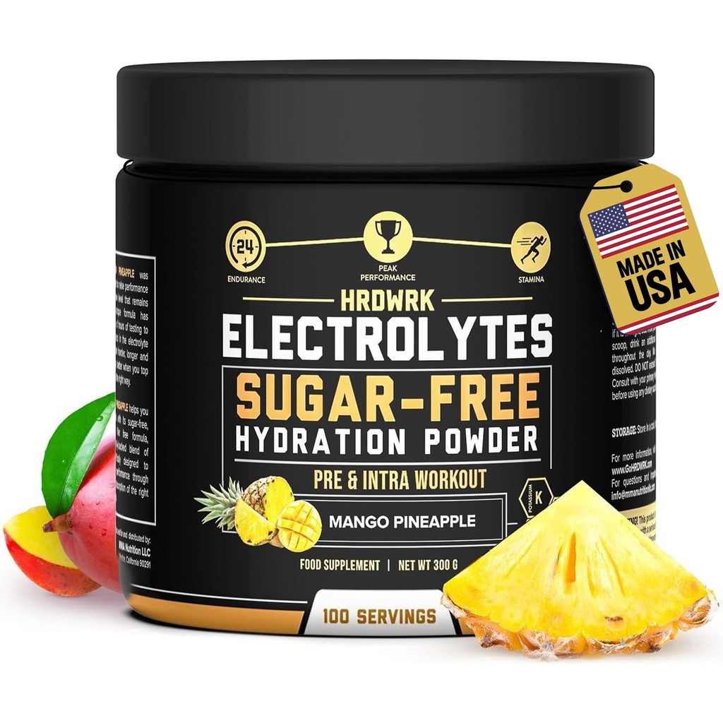 HRDWRK 마그네슘, 칼륨과 함께 전해질 분말 - Sugar Free Electrolytes Boost Endurance and Reduce Fatigue with This Electrolytes Supplement - 최대 Hydration - Keto Friendly