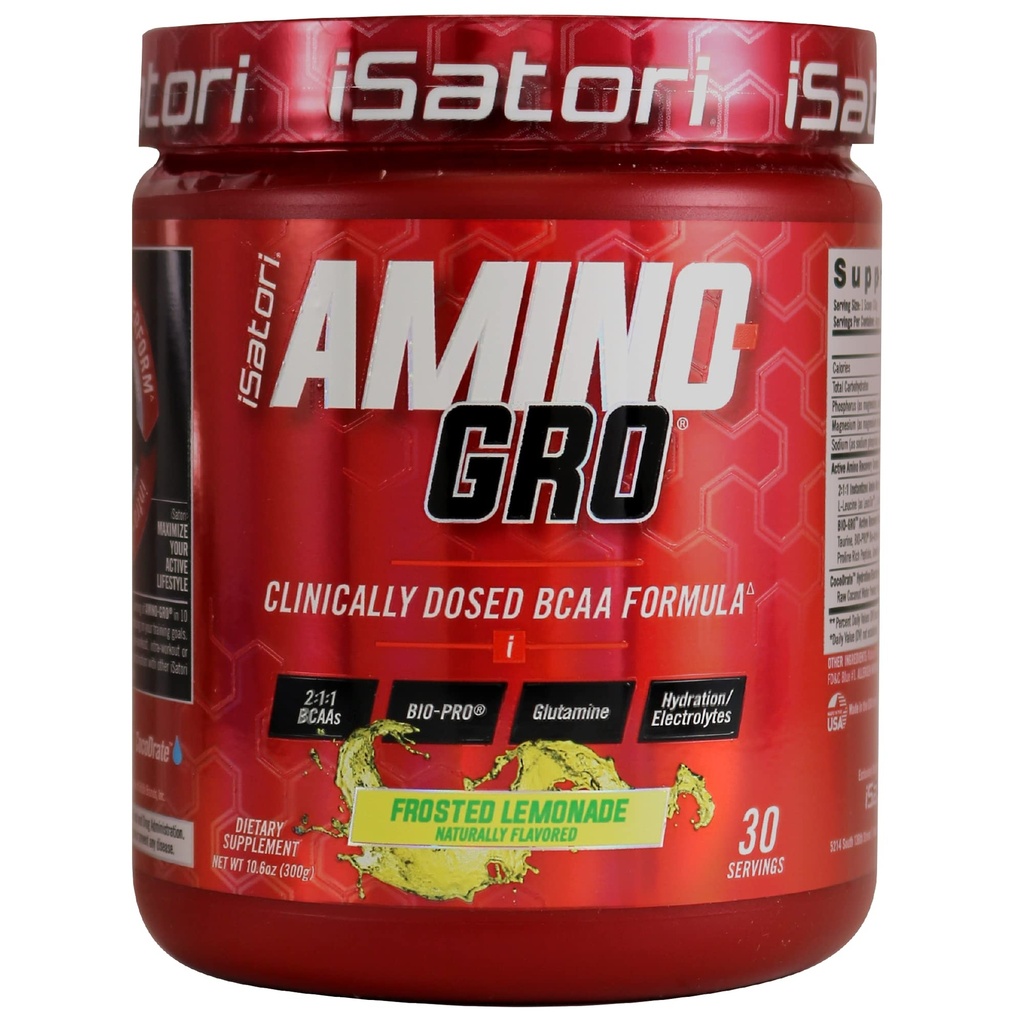 iSatori Amino-GRO BCAA 분말, 글루타민을 가진 분지된 사슬 아미노산, 근육 성장 & 포스트 운동 회복, 서리로 덥은 Lemonade (30의 서빙)를 위한 전해질 분말 & 생물 GRO 생물 활성 펩티드