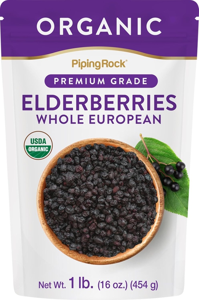 Piping Rock Elderberry 건조 유기 | 1lb 벌크 보충 | 유럽 전체 버클 | 채식주의, 비 GMO, 글루텐 무료