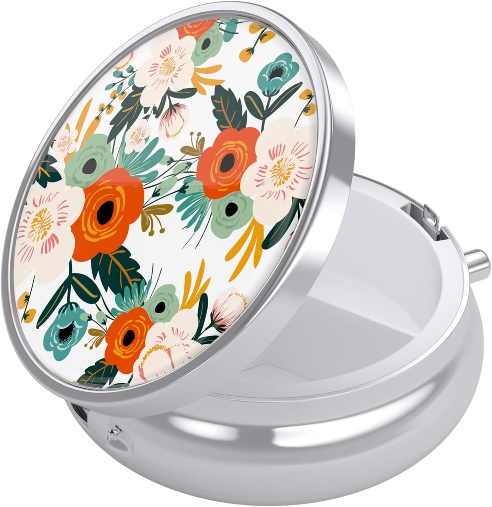 Nipichsha Pill Box, Purse & Pocket, 귀여운 여행 의학 주최자, 비타민, 약물, 생선 기름 및 보충제를 보유하는 휴대용 의약품 컨테이너 홀더, 흰색 꽃
