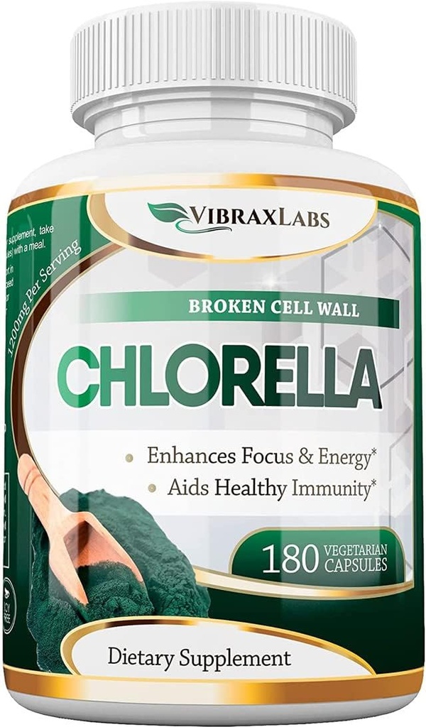VibraxLabs Chlorella 캡슐 – Broken Cell Wall 600 mg Veggie 알약 (1200 mg 서빙) - 천연 해독을위한 단백질 분말 보충, Spirulina, No aftertaste, 미국에서 만든