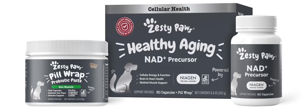 Zesty Paws NAD + Precursor Supplement for Dogs - 건강한 노화 및 해골 근육 지원 및 회복을위한 Niagen - 뇌, 심장, 및 세포 에너지 지원 - Nicotinamide Riboside 염화물 - 60 캡슐