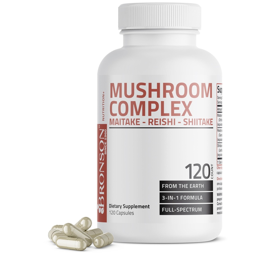 Bronson Triple Mushroom Complex - Maitake - Reishi - Shiitake - 강력한 산화 방지제 및 면역 시스템 부스터 - Full Spectrum Mushroom Complex - 600 mg 캡슐 - 120 카운트